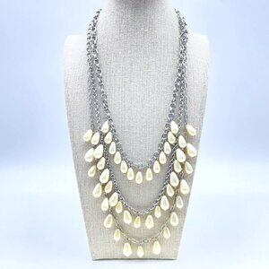 TALBOTS Triple Strand Necklace Faux Pearl Teardrops Silver Tone Glam Bling Party
